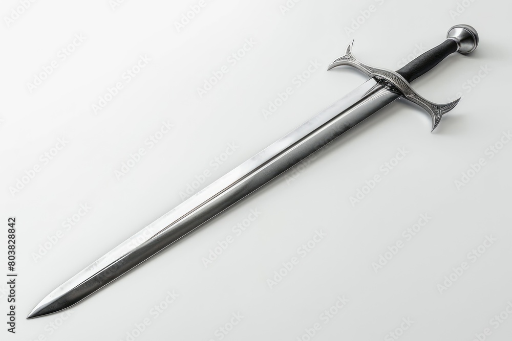 A sword laying on a table against a white background