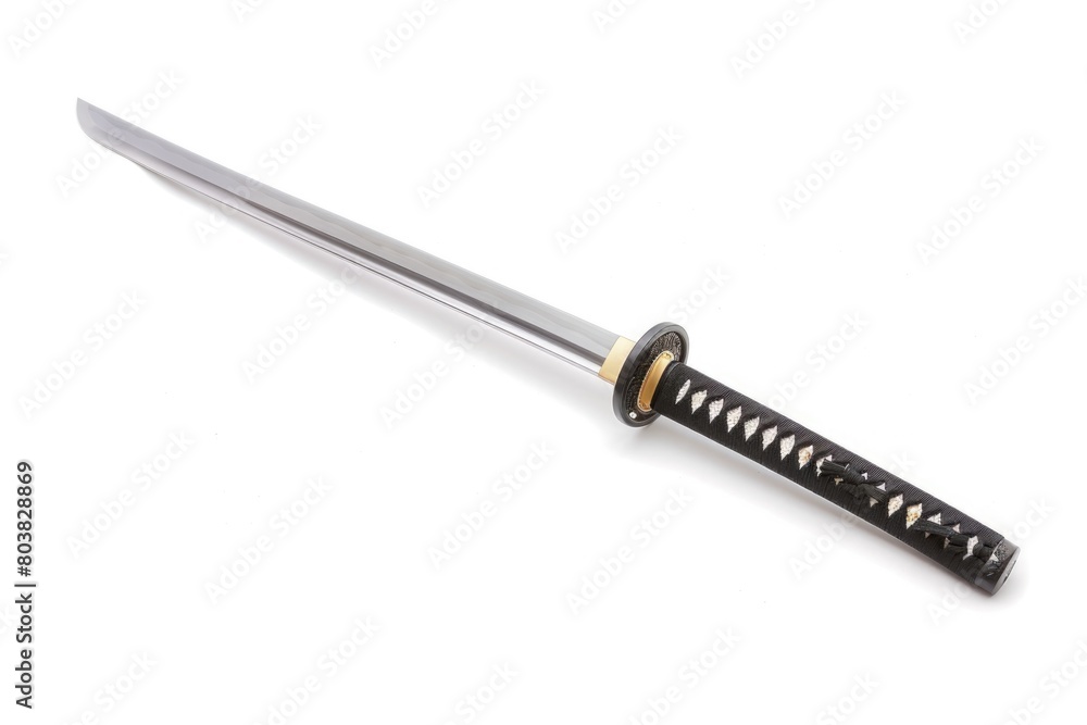 A sword with a black handle displayed on a plain white background