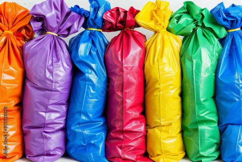 Creating vibrant background with colorful trash bags in top view and flat layout for stock photos