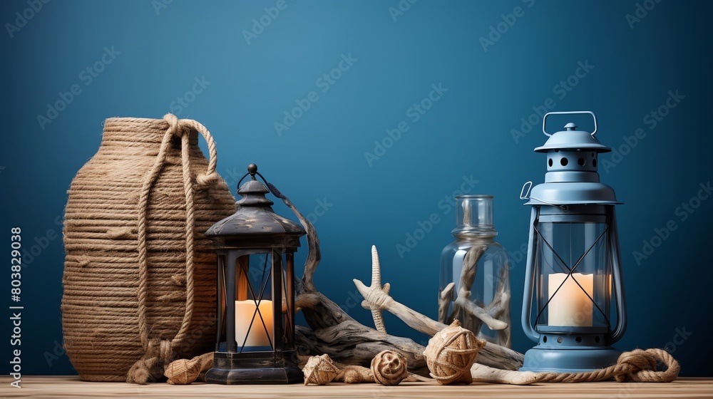 Artistic photo of a coastal vignette including a vintage lantern nautical ropes and a weathered wooden sign set against a solid navy background perfect for capturing the essence of seaside living