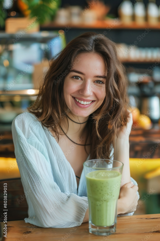 A smiling woman with a green smoothie in a glass is sitting at a table in a coffee shop. A smiling woman with a green smoothie in a glass is sitting at a table in a coffee shop.