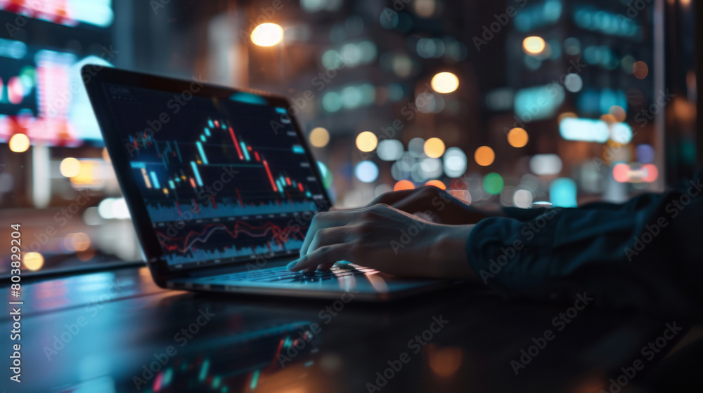 A businessman is working on a laptop with financial data and graphs, focusing on the stock market or financial business. A businessman is working on a laptop with financial data and graphs, focusing on the stock market or financial business.