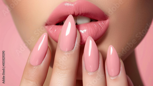 A woman with perfect clean skin is touching her lips and showing her manicure on a light background.