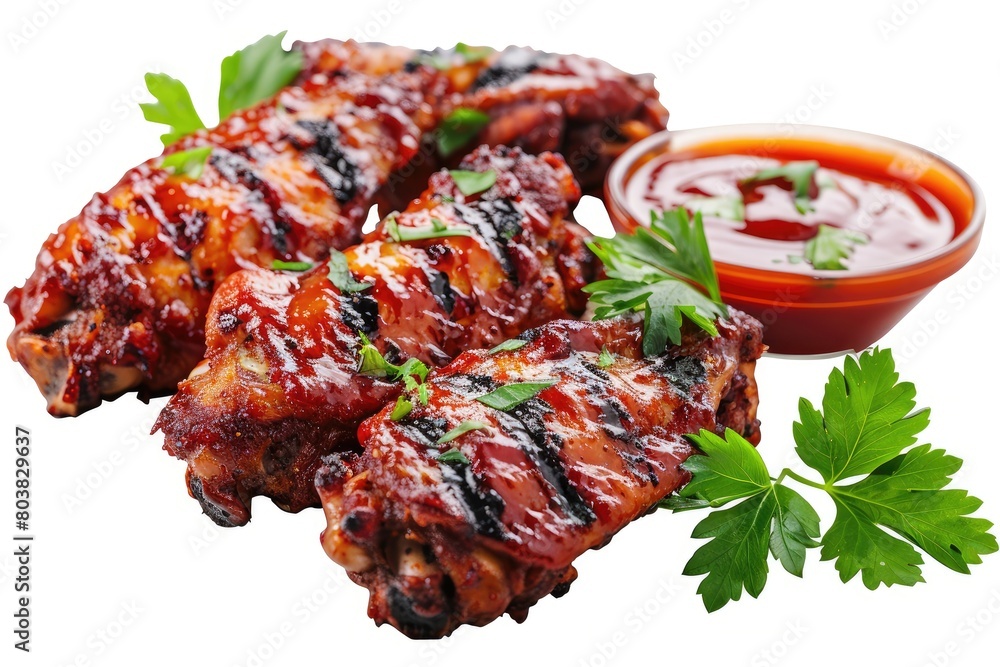 A picture of tomato sauce-topped barbecued chicken wings on a white backdrop. Generative Ai