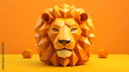 Eyecatching image of a vibrant cubeshaped lion complete with a cubic mane in golden tones displayed on a solid orange background ideal for creative wildlife artwork or animation character design photo