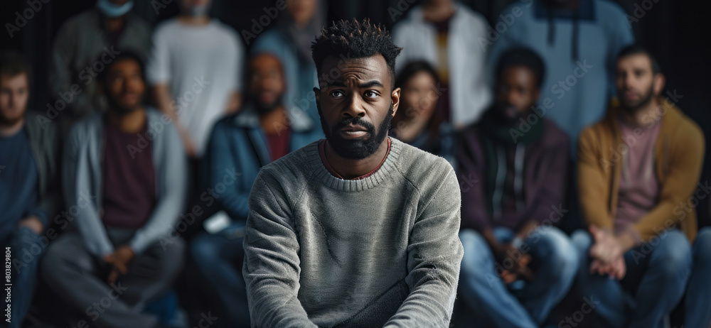 A black man with short hair and a beard, wearing jeans and a sweater, is sitting in the center of a therapy group looking sad. A black man with short hair and a beard, wearing jeans and a sweater, is sitting in the center of a therapy group looking sad.