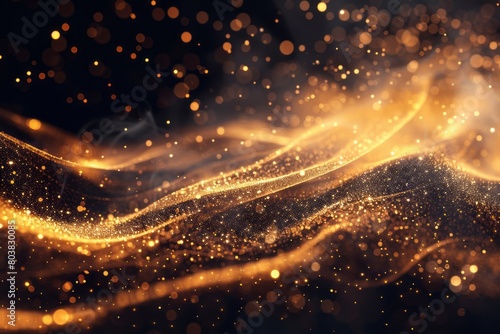 Golden sand particles and waves form an abstract background on black.