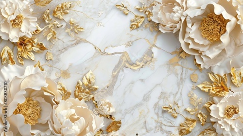 A white background features golden flowers and leaves, white peonies, and golden decorative elements.