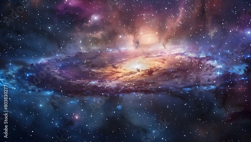Panoramic view of a galaxy with stars nebula and wide format shot . Concept Astrophotography, Wide Angle Shot, Galaxy Landscape, Starry Night Sky, Nebula Photography