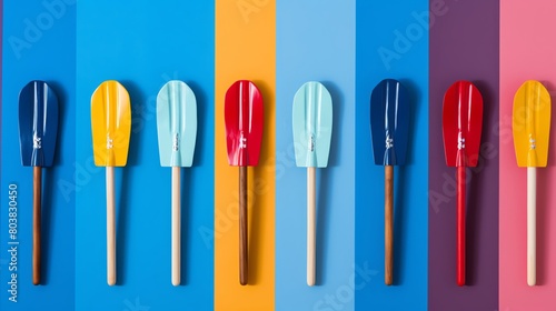 Vibrant stock photo of colorful painted oars aligned vertically set against a solid blue background emphasizing a cheerful and playful nautical theme