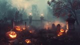 A foggy graveyard with jack-o'-lanterns scattered among the tombstones and eerie whispers in the air