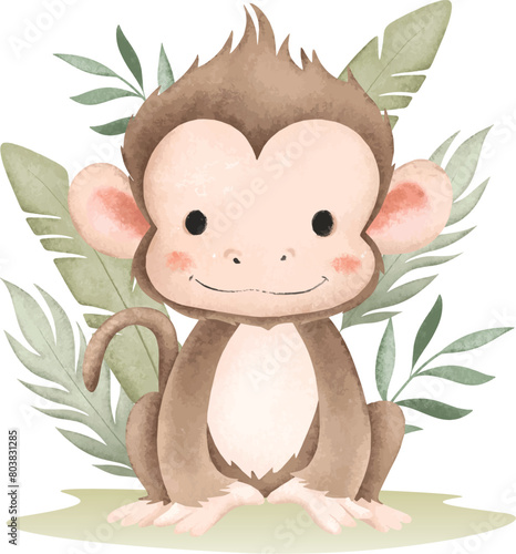 Watercolor Illustration Monkey and Tropical Leaves