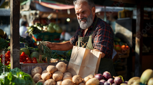 Fototapeta Naklejka Na Ścianę i Meble -  A cheerful street vendor running a small farm market business, surrounded by vibrant crates of sustainable fruits and vegetables, the middle-aged man's smile
