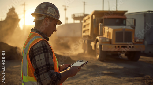 A construction worker, wearing a hard hat and reflective vest, stands on a construction site, attentively checking data on a tablet device, while a heavy-duty truck drives past in the background
