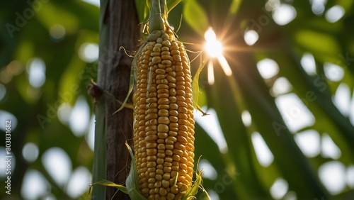 close up corn on tree with sun shine