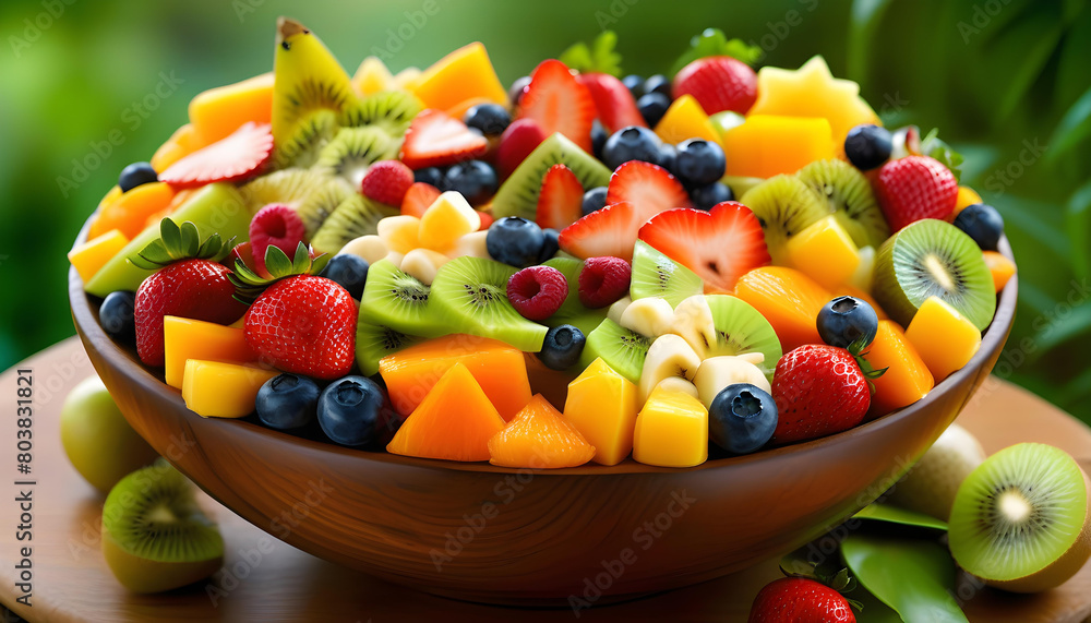 A bowl of fruit salad with a variety of colorful fruits and green palm fronds in the background