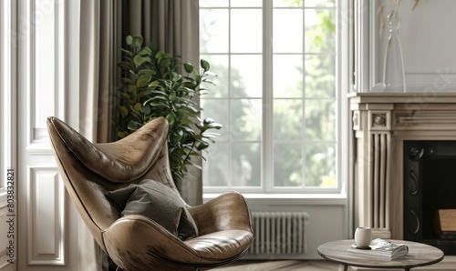 Comfortable brown leather armchair with a pillow near a round coffee table on large white windows background in living room