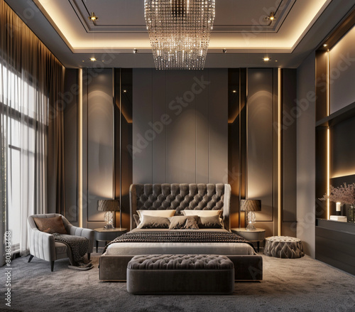 high end luxury bedroom interior design, modern style with bed and armchair, large window, wall panels and chandelier, muted calm color scheme, carpeted floor, gray sofa in front of the bed