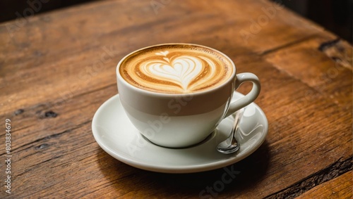 Cup of coffee latte with a heart shape and coffee beans on an old wooden background.