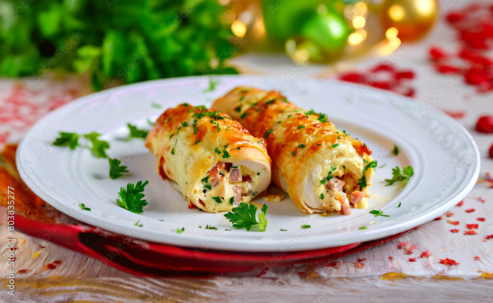 Stuffed cabbage rolls with meat and cheese on a white plate.
