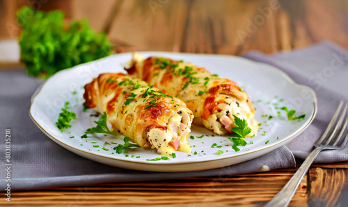 Stuffed cabbage rolls with ham, cheese and mayonnaise.
