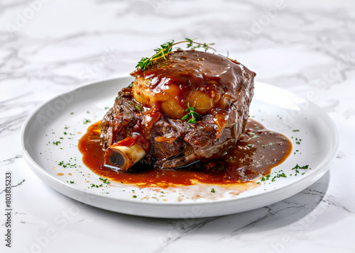 beef ribs with sauce and vegetables on a white plate, vertical