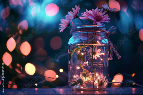 Isolated Mason jar filled with fairy lights and flowers 