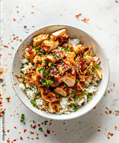 Teriyaki chicken with rice and vegetables in white bowl, square