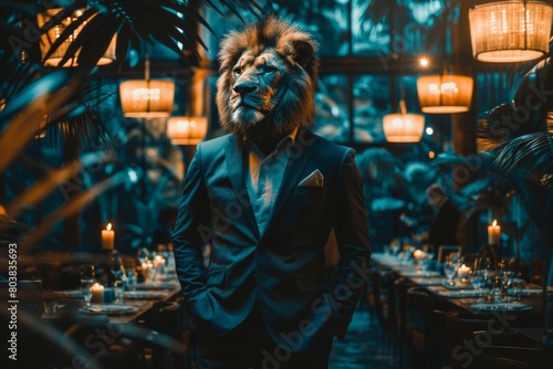 A African Lion in a crisp business suit, standing confidently in a bustling corporate office, surrounded by impressed human colleagues, AI Generative photo