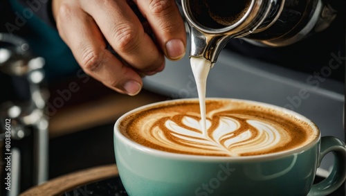 Cup of coffee latte with a heart shape and coffee beans on an old wooden background.