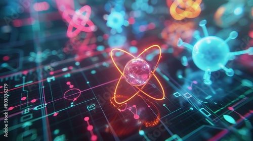 Neon 3D visualization of atomic particles, electrons, and neutrons merging, with a shadow of the periodic table in the corner. photo