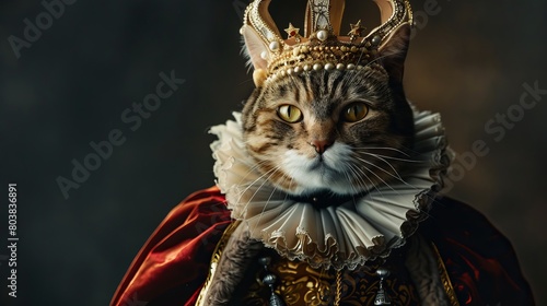 A portrait of a regal cat dressed in Victorian clothing  complete with a golden crown. The photo is taken with a Zeiss 50mm lens  showcasing ultra-detail and hyperrealism