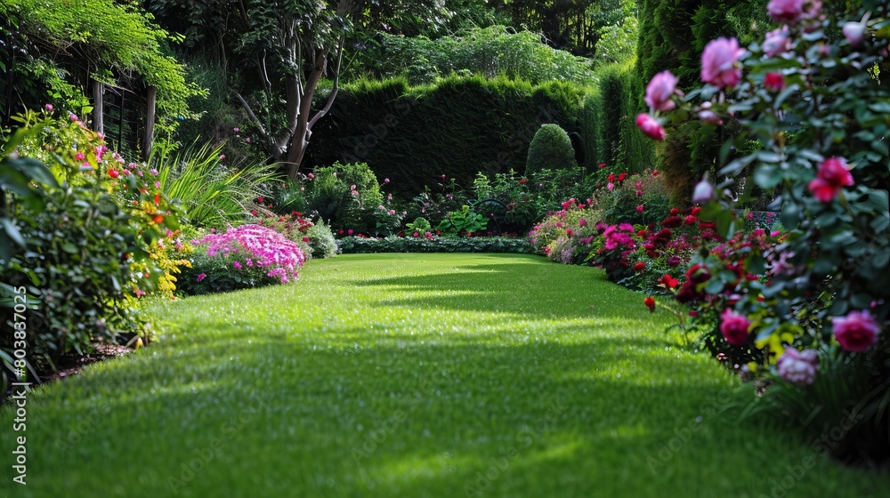 A regal garden featuring a lush lawn, rose bushes in the background, and carefully manicured trees and shrubs. A regal garden featuring a lush lawn, rose bushes in the background, and carefully manicured trees and shrubs.