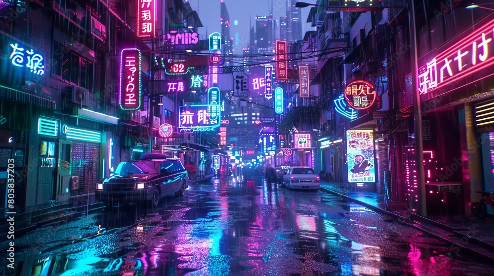A photorealistic 3D illustration depicting a street in a futuristic city. The scene is set at night with vibrant neon lighting, creating a dark and urban landscape reminiscent of cyberpunk style.