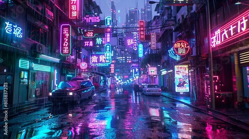 A photorealistic 3D illustration depicting a street in a futuristic city. The scene is set at night with vibrant neon lighting, creating a dark and urban landscape reminiscent of cyberpunk style. © Yusif