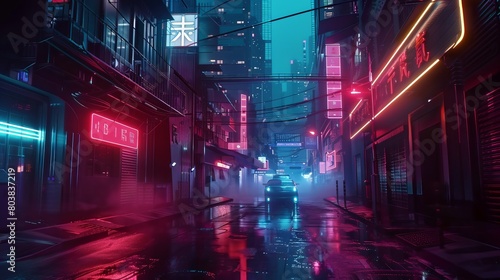 A photorealistic 3D illustration depicting a street in a futuristic city. The scene is set at night with vibrant neon lighting  creating a dark and urban landscape reminiscent of cyberpunk style.