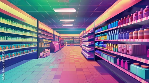A scene depicting a supermarket aisle dedicated to health foods and mathematics-themed products. photo
