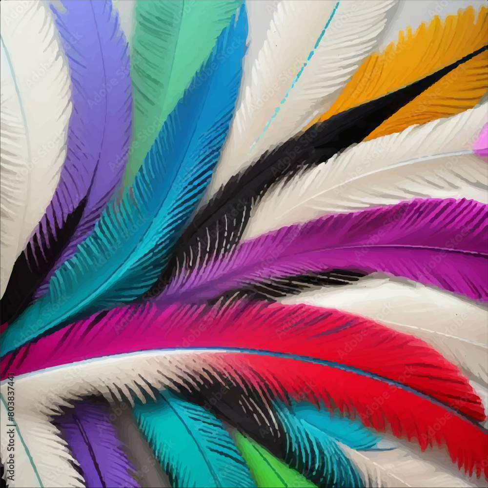 Fototapeta premium Hand drawn vector seamless pattern with painted bird feathers. Titled background. Colorful art for your design. Trendy boho style patterned elements, sketch, tribal template.
