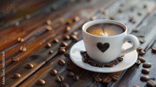 A 3D rendering of a coffee cup with a heart-shaped foam design on top, symbolizing love for coffee.