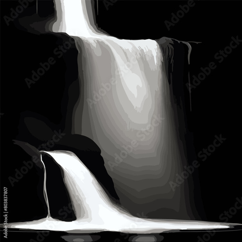 Waterfalls and water fall cascades realistic vector design of mountain river streams falling down with splashes, fog or mist and drops. Ledge, plunge and horsetail waterfalls on blue background