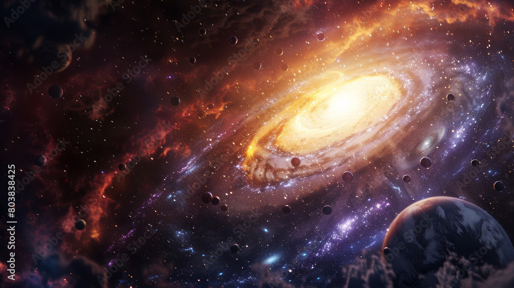 A breathtaking view of the universe featuring the Milky Way at its center, surrounded by an array of planets. A breathtaking view of the universe featuring the Milky Way at its center, surrounded by an array of planets.