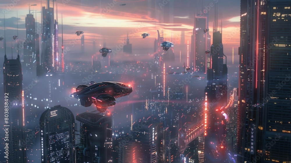 Futuristic cityscape at dusk, with flying cars and towering skyscrapers, AI Generative