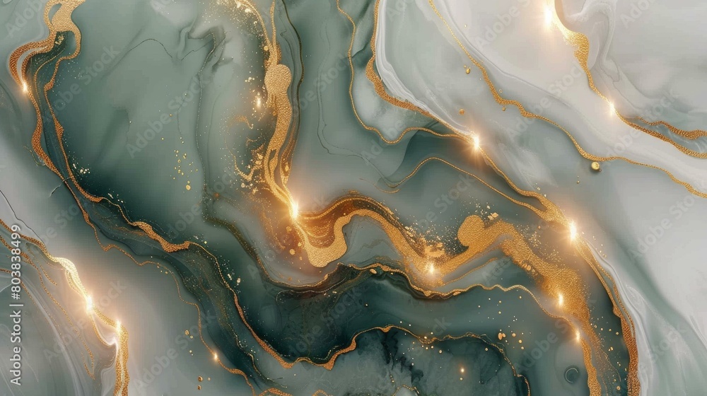 Obraz premium Luxurious green and gold marble background, showcasing the elegance of fluid art as a modern wallpaper, AI Generative