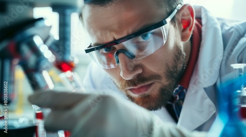 Laboratory technician analyzing a blood test tube, the detailed lab equipment and the focused expression highlighting the rigorous process of scientific discovery, AI Generative
