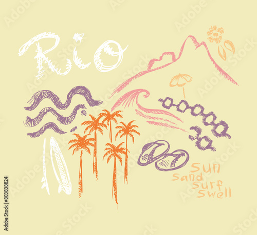 Vector illustration in scribbled style with elements depicting the city of Rio de Janeiro.