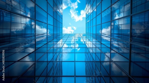Sleek office building silhouette on a blue sky background, contemporary design, widescreen, vivid colors, sharp contrast, AI Generative