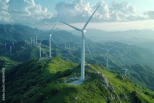 Scenic mountain landscape featuring a wind farm, wind generators as icons of renewable energy development, aerial view, vibrant daylight, AI Generative