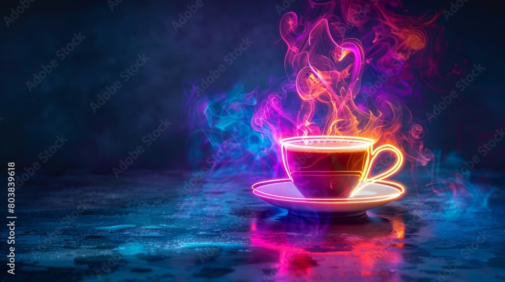 Cup of coffee with colorful neon smoke on a dark background. Cup of coffee with colorful neon smoke on a dark background.