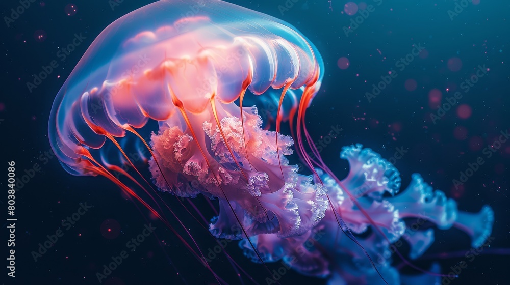 A glowing jellyfish floats gracefully through the dark ocean waters. Its tentacles trailing behind it like a delicate veil.