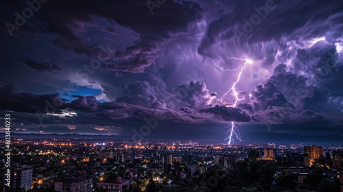 The moment a powerful lightning bolt splits the night sky, bathing an urban landscape in a mysterious purple light.